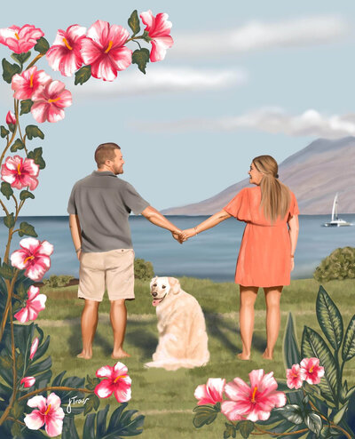 Illustrated portrait of couple holding hands in front of the ocean, with their golden retriever between them, bordered by blooming hibiscus