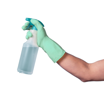 a hand with a green glove holding a cleaning spray used for residential cleaning services.
