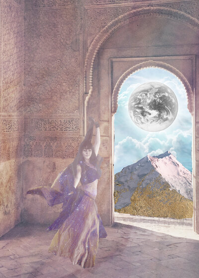 Artistic illustration of a woman dancing in a stone room overlooking moon over mountain