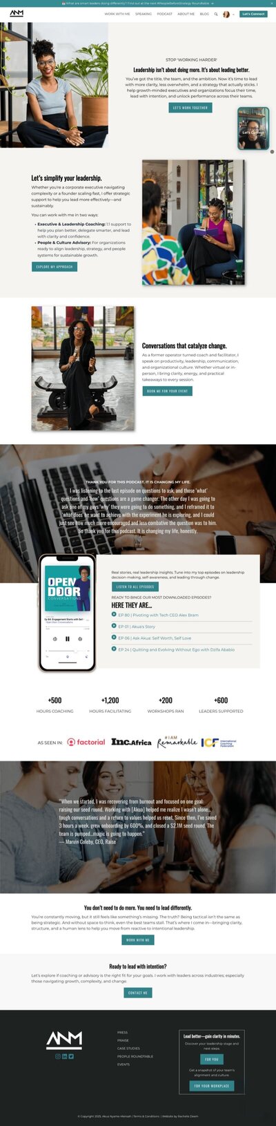 Full website preview for Akua Nyame‑Mensah, custom website design by Rachelle Deem showcasing leadership coach website
