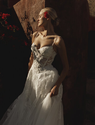 bride with modern lace details