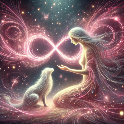 A Woman Kneeling face to face with dog among glowing pink lines in infinity symbol, representing animal communication service.
