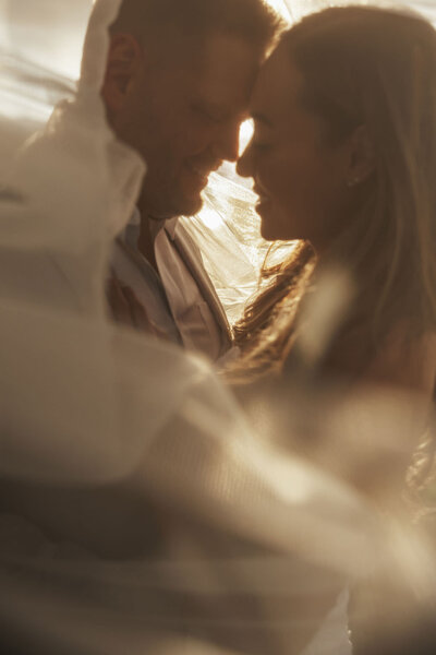 A wedding couple about to kiss as they stand under a veil.