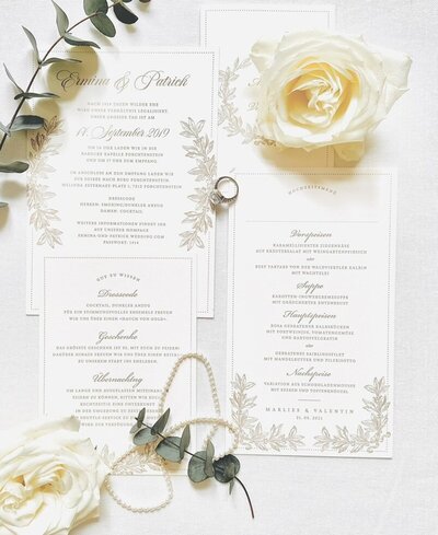 Bespoke luxury wedding stationery on a flatlay at lake Como Italy