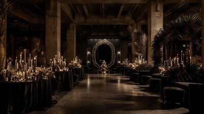 After-dark bridal market scene, moody candlelight glow, black and gold decor, brutalist architecture backdrop, champagne towers and styled lounge seating, fashionable couples exploring immersive vendor bo
