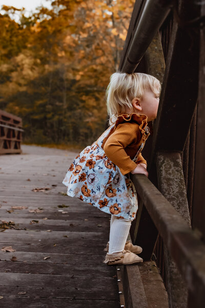 Child stands on a bridge looking over during a fall family photo session in virginia 