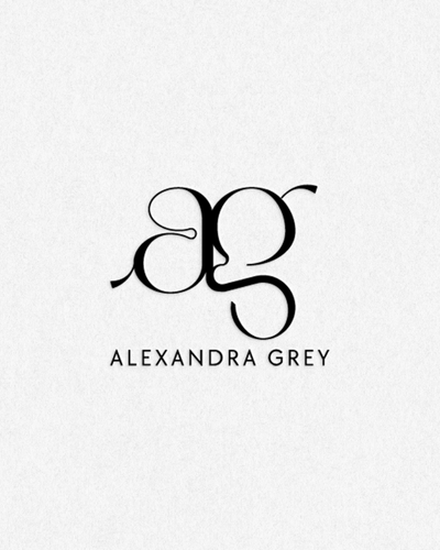 Monogram brand mark for Alexandra Gray, a permanent jewelry business, with custom initials on a navy textured background.