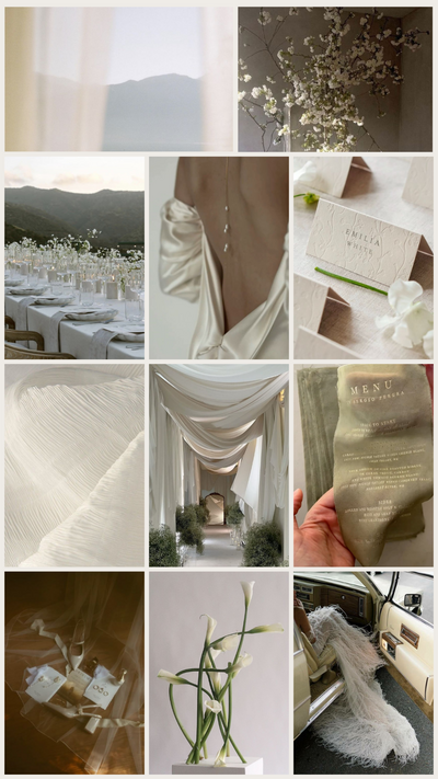 Airy and Whimsy wedding mood board with sheer draping, feathered textures, sculptural white florals, and ethereal light-filled details.