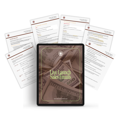 Mockup of Live Launch Sales Emails templates for pre-launch and live launch campaigns