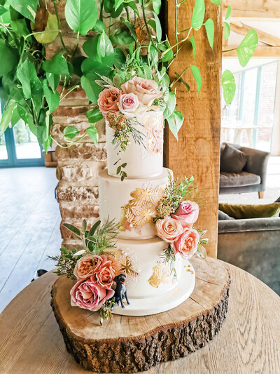 Wedding Cake Maker Nottingham, 3 tier pink and gold wedding cake, Hazel Gap Barn
