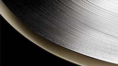 Close-up of the edge of an unvarnished vinyl record, showcasing its texture and graininess under soft lighting. Gentle shadows accentuate fine details, with a black background highlighting the contrast between dark tones and white grooves. Captured in high resolution, this product photography conveys stillness and calm before movement, ideal for luxury branding and creative design inspiration.