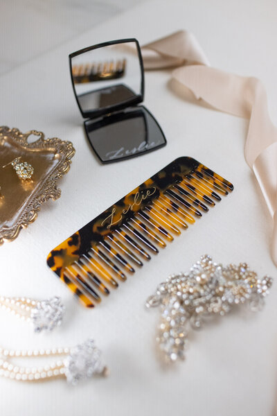 Personalized engraved tortoise shell hair comb and engraved compact mirror with bridal jewelry and accessories