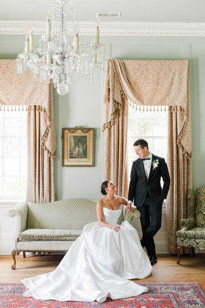 Bride and Groom Portraits inside  Lowndes Grove wedding venue in Charleston South Carolina. 