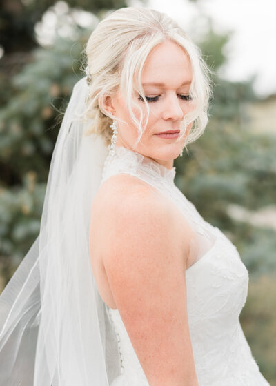 Beautiful bride looks over her shoulder while the wind blows her veil