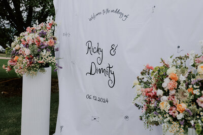 Personalised Signage for wedding with floral arrangement