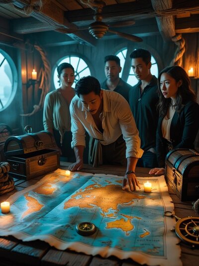 General decription____Cinematic scene inside an escape room themed environment. Include realistic lighting, shallow depth of field, high contrast, dramatic shadows, and immersive set design. Show a group of 3-4 (5)