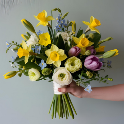 Spring wedding bouquet with daffodils