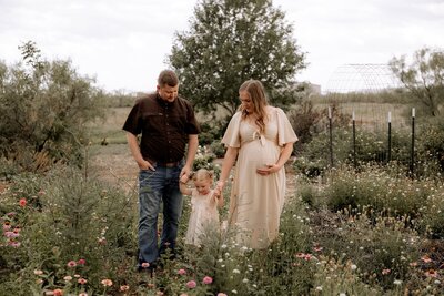 family of three with pregnant mom holding her daughters one hand while dad is holding the daughters other hand while they are walking in a flower field