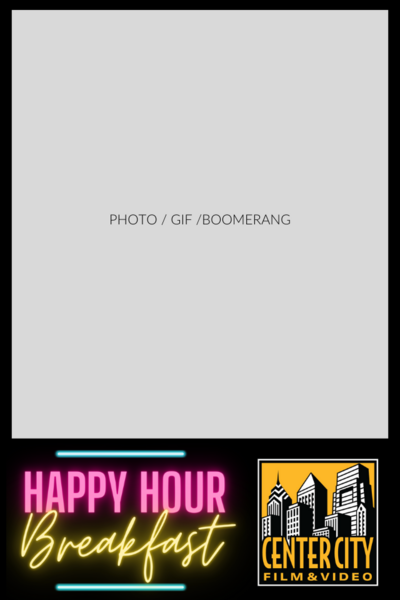 Dark vertical layout with Happy Hour event branding and sponsor logos at the bottom.