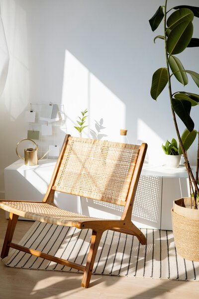 a chair and a plant in a bathroom after a professional house cleaning service