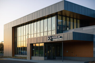exterior architecture photography at sunset of prairiecare building rochester minnesota