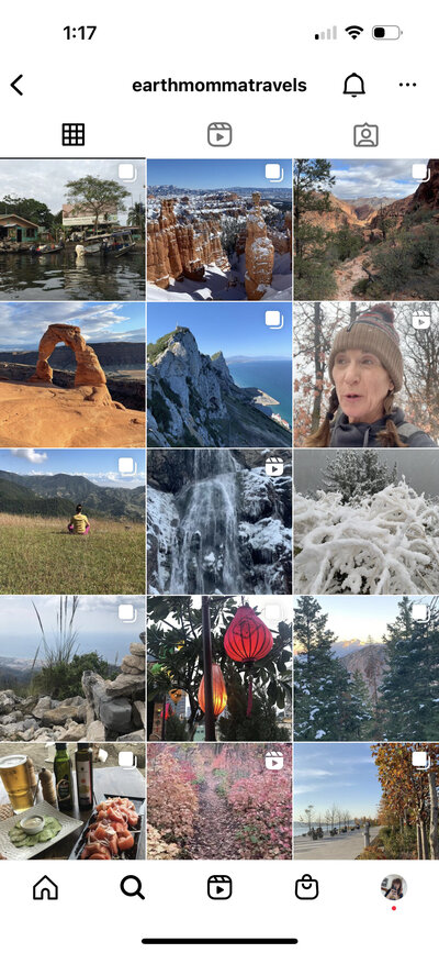 Screenshot of the @earthmommatravels instagram feed within an iPhone mockup