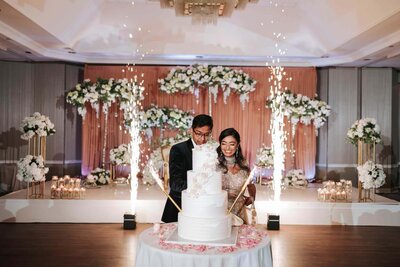 New Jersey couple smile in excitement as sparklers go off cake.