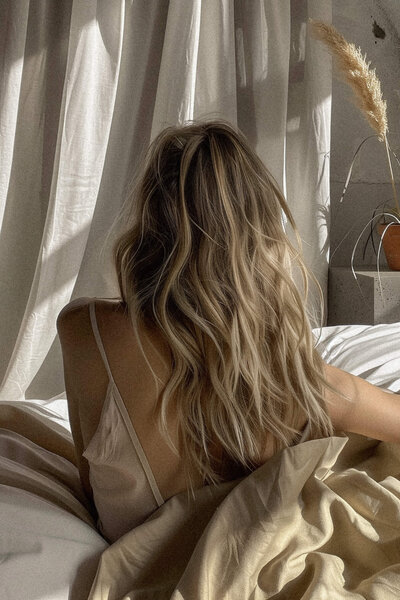 Woman seen from behind showing off long, full, blond hair representing voluminous, natural-looking hair extensions.