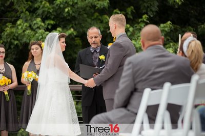Officiant reads the wedding vows during a ceremony as Bride and Groom look at each other
