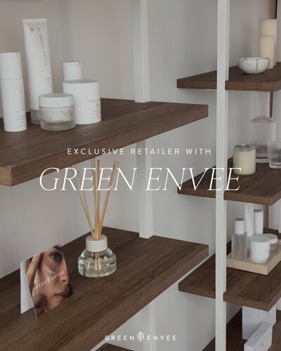 Photo of Green Envee products on a shelf in a salon.