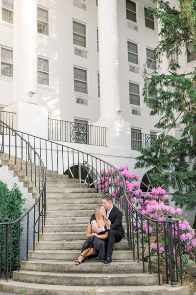 Bride and groom walk up memorial steps at their DC wedding