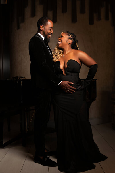 Couples engagement shoot dressed in all black at Westin hotel.