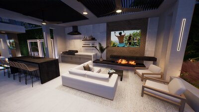 Vibrant modern backyard in Mexico  with custom water features and LED feature lights.