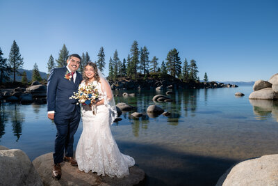 South Lake Tahoe Elopement Sand Harbor bride and groom at sunrise.