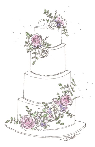 A hand drawn illustration of Sophie & Max's wedding cake
