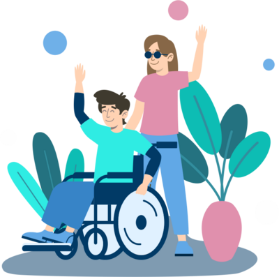 Man in wheelchair pushed by lady wearing sunglasses