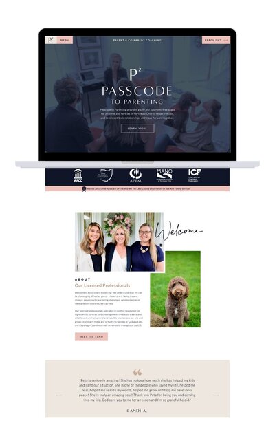 Mock-up of the Passcode to Parenting website on a computer, showcasing a clean, professional, and welcoming design for parents.