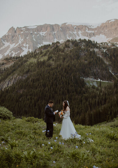 Bride and groom elope in Ouray, surrounded by wildflowers