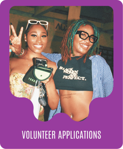 image of two women smiling surrounded by a purple border that says 'volunteer applications'