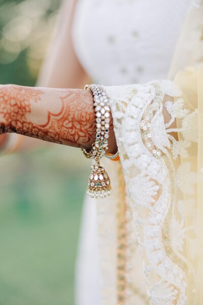 A close-up of a woman's adorned wrist with henna art and a traditional bracelet, holding the edge of a lace garment.