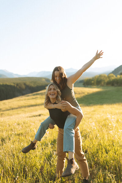 Two adventure elopement photographers hiking in Kananaskis
