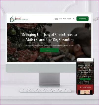 Mockup of a whimsical holiday-themed website for Kaden’s Christmas Trees, with illustrated elements and festive colors on desktop and mobile screens