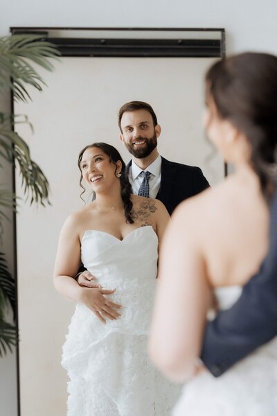 Bride and groom walk up memorial steps at their DC wedding