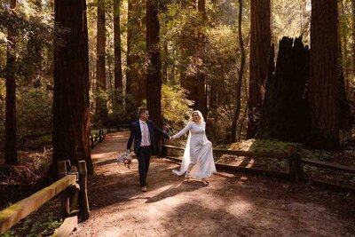 Bride and groom walking barefoot through the redwoods after their elopement in Redwood National Park in California.
