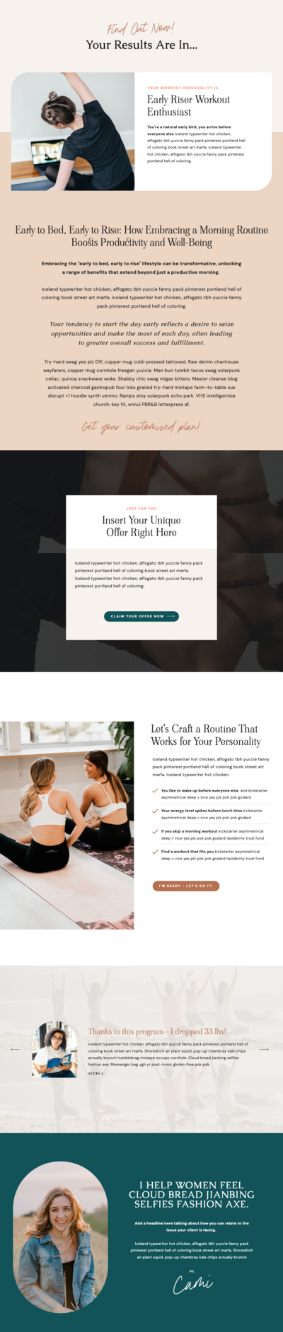 Screenshot of a customizable Showit results page template designed to display Interact quiz results—available for purchase in the Sugar Studios shop