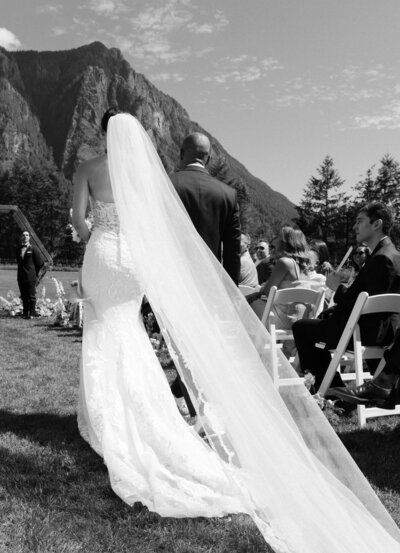 Bride Walking Down the Aisle in Snoqualmie, Washington – Black and White