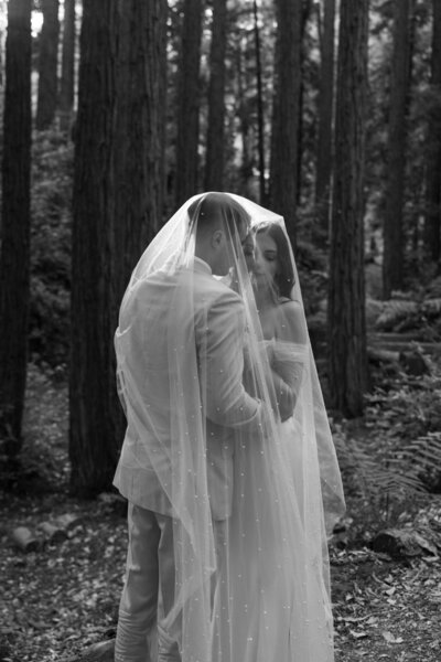 Elopement Photography, couple holding each other closely under veil
