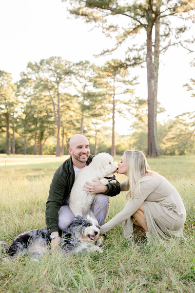 Hopeful adoptive parents sitting together in a sunny field with their two dogs, sharing laughter and love as they prepare to welcome a child through adoption.