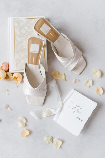 Elegant bridal shoes, pearls, and a vintage jewelry box styled for a wedding shoot in Virginia.
