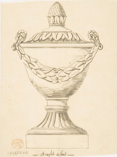 Antique sketch of urn with leaves and berries, ornate and gorgeous